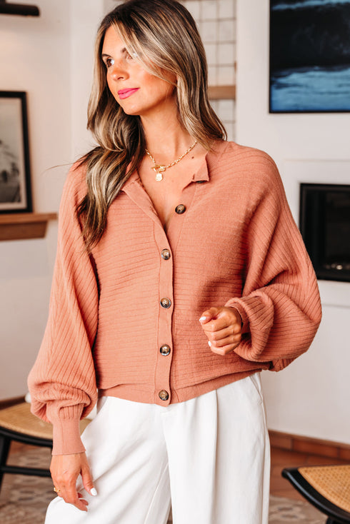 Relaxed Ribbed Knit Button Front Collared Cardigan