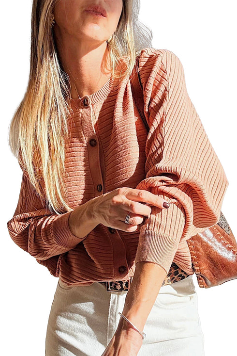 Relaxed Ribbed Knit Button Front Collared Cardigan
