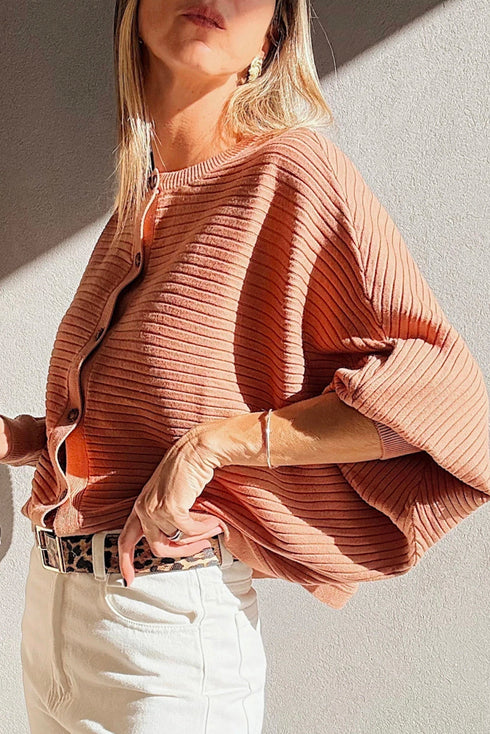 Relaxed Ribbed Knit Button Front Collared Cardigan