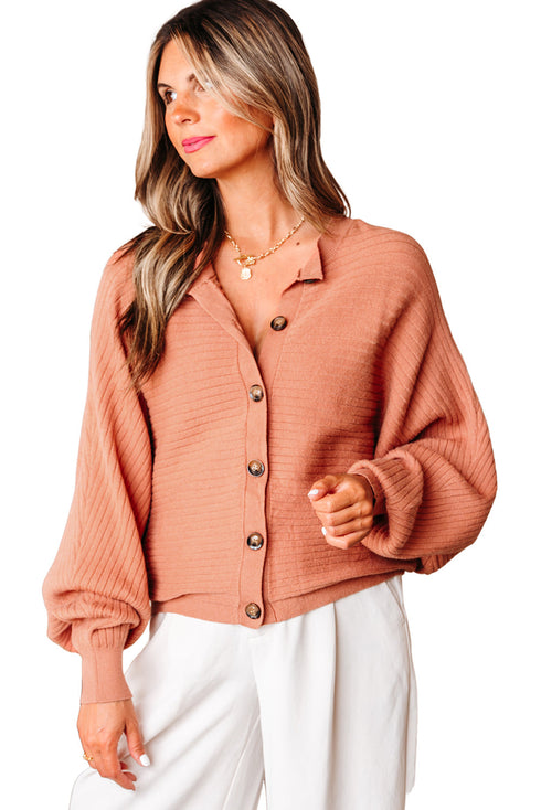Relaxed Ribbed Knit Button Front Collared Cardigan