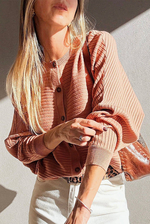 Relaxed Ribbed Knit Button Front Collared Cardigan