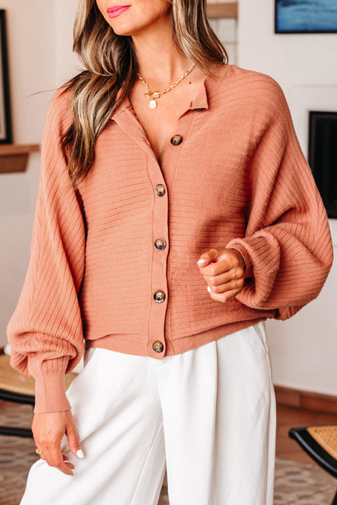 Relaxed Ribbed Knit Button Front Collared Cardigan