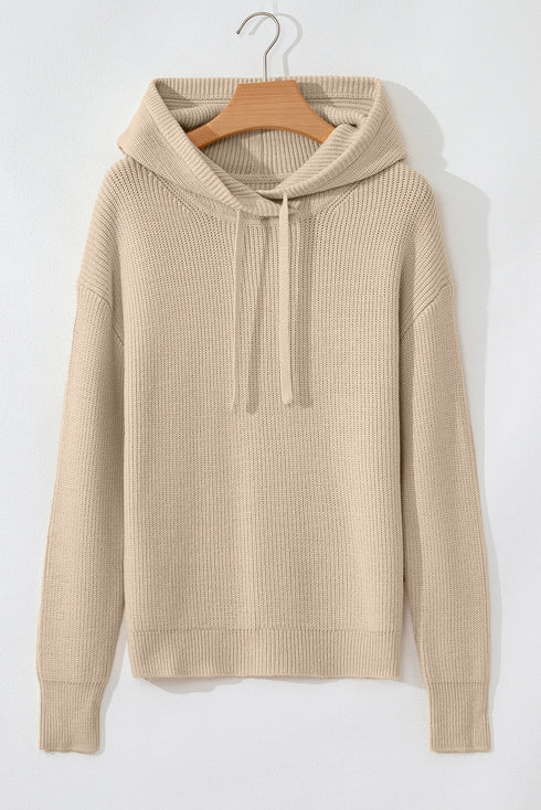 Relaxed Ribbed Knit Drawstring Pullover Hooded Sweater