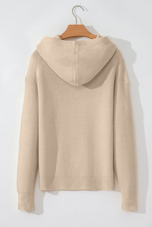 Relaxed Ribbed Knit Drawstring Pullover Hooded Sweater