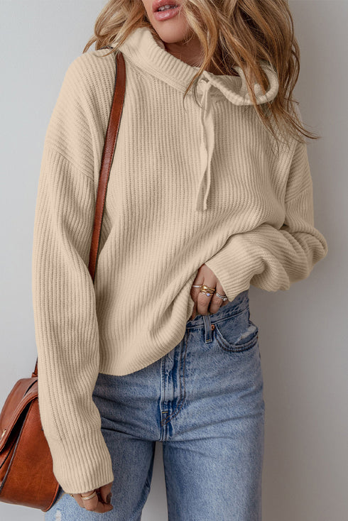 Relaxed Ribbed Knit Drawstring Pullover Hooded Sweater