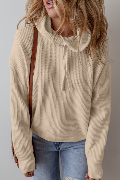 Relaxed Ribbed Knit Drawstring Pullover Hooded Sweater