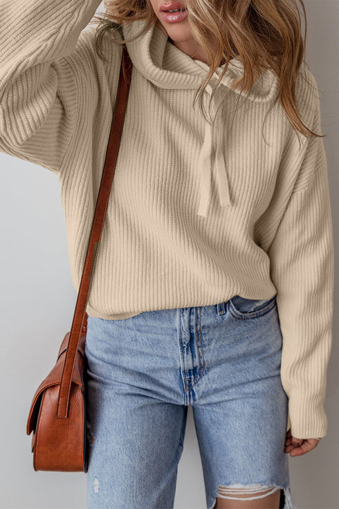 Relaxed Ribbed Knit Drawstring Pullover Hooded Sweater