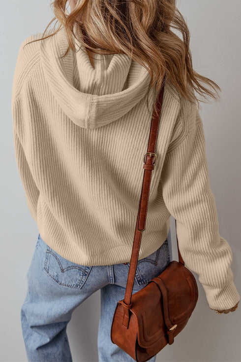 Relaxed Ribbed Knit Drawstring Pullover Hooded Sweater