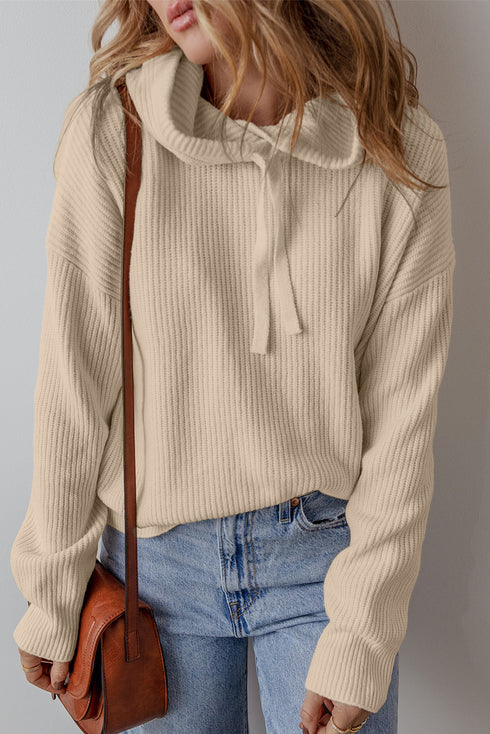 Relaxed Ribbed Knit Drawstring Pullover Hooded Sweater