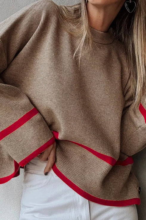 Relaxed Ribbed Knit Side Button Detail Pullover Sweater