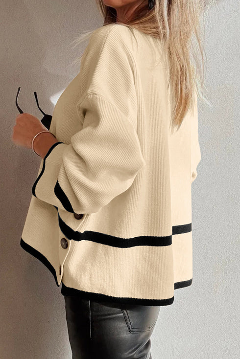 Relaxed Ribbed Knit Side Button Detail Pullover Sweater