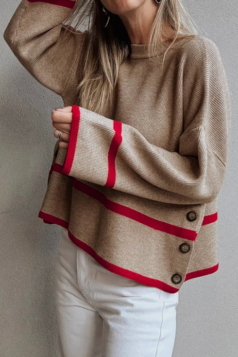 Relaxed Ribbed Knit Side Button Detail Pullover Sweater