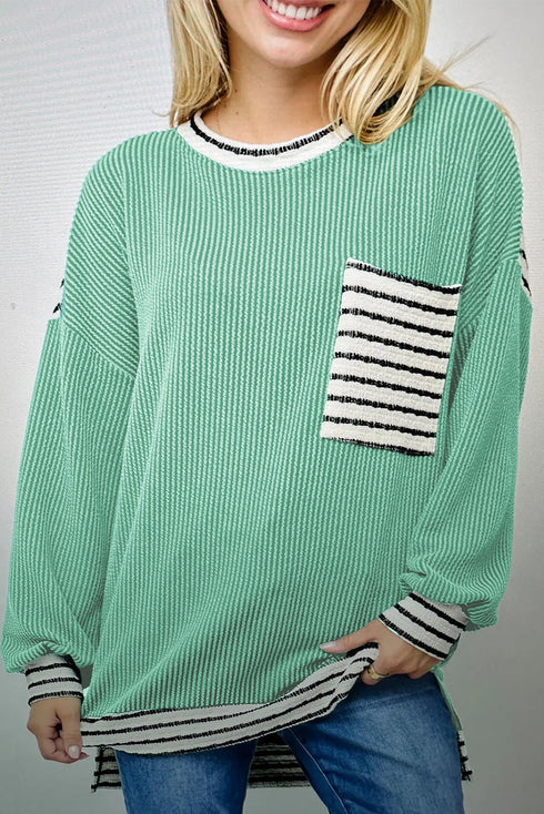 Relaxed Ribbed Knit Striped Trim Tunic Top