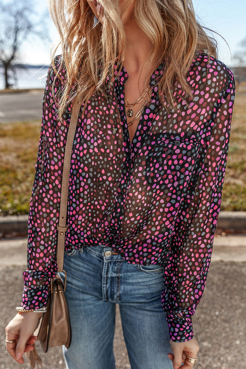Relaxed Semi Sheer Confetti Print Button Down Shirt