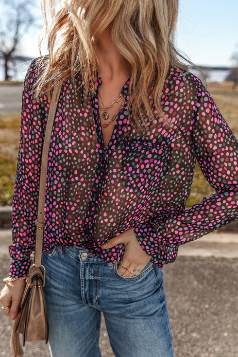 Relaxed Semi Sheer Confetti Print Button Down Shirt