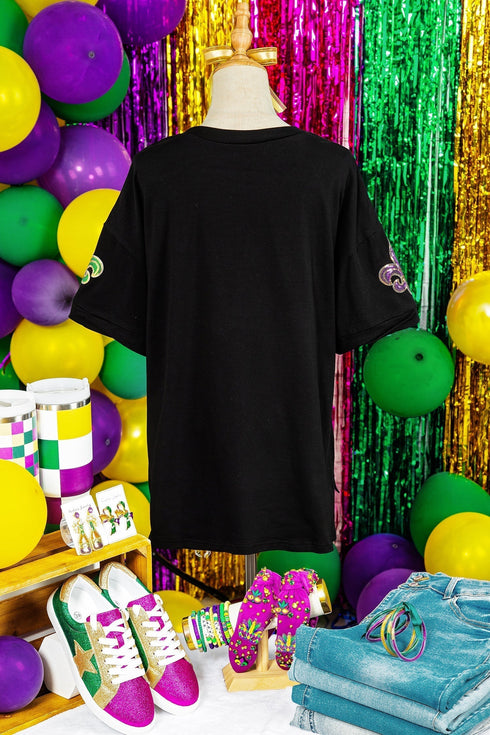 Relaxed Sequin Emblem Raw Edge High Low T-Shirt