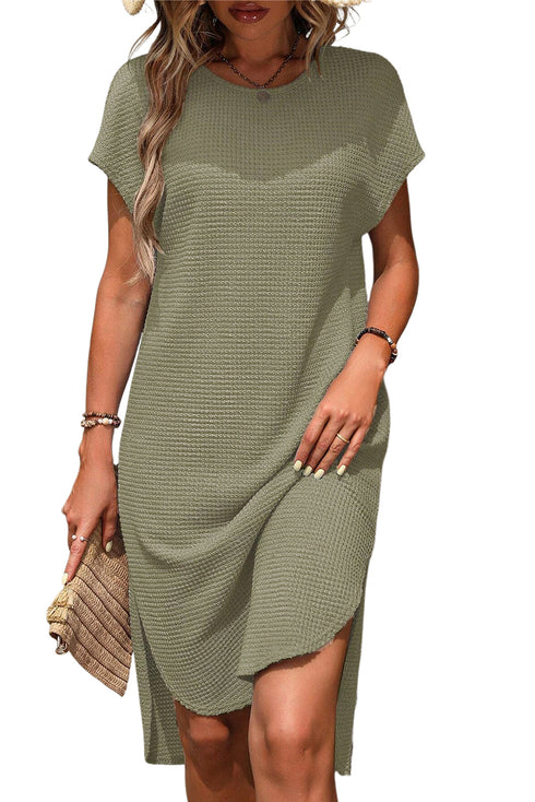 Relaxed Short Sleeve Textured Knit High Low Dress