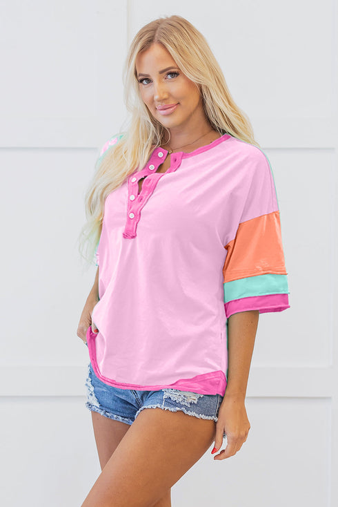 Relaxed Stretch Cotton Half Sleeve Button Front Henley Top