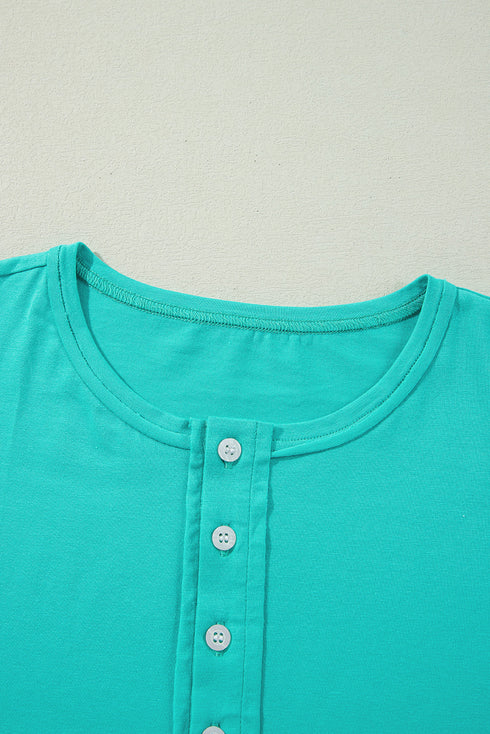 Relaxed Stretch Cotton Half Sleeve Button Front Henley Top