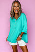 Relaxed Stretch Cotton Half Sleeve Button Front Henley Top