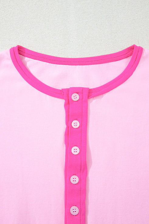 Relaxed Stretch Cotton Half Sleeve Button Front Henley Top
