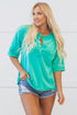 Relaxed Stretch Cotton Half Sleeve Button Front Henley Top