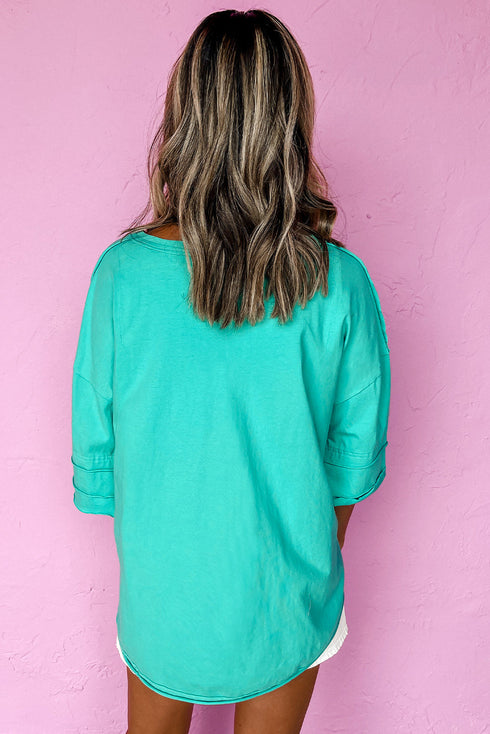 Relaxed Stretch Cotton Half Sleeve Button Front Henley Top