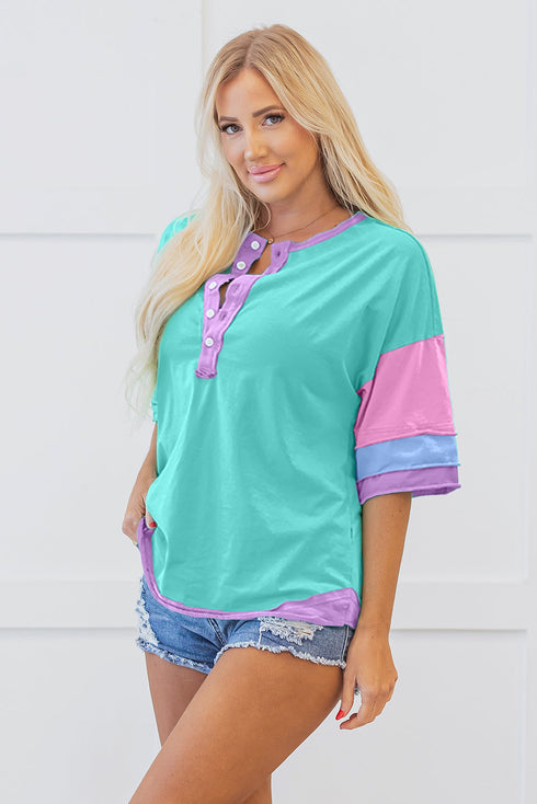 Relaxed Stretch Cotton Half Sleeve Button Front Henley Top