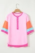 Relaxed Stretch Cotton Half Sleeve Button Front Henley Top