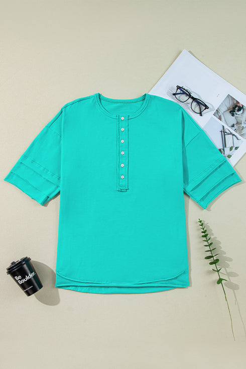 Relaxed Stretch Cotton Half Sleeve Button Front Henley Top