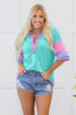 Relaxed Stretch Cotton Half Sleeve Button Front Henley Top