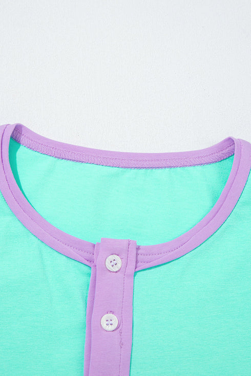 Relaxed Stretch Cotton Half Sleeve Button Front Henley Top