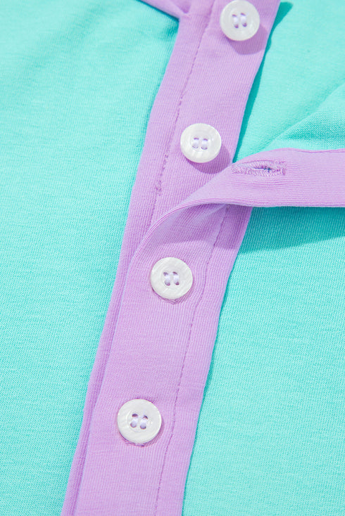 Relaxed Stretch Cotton Half Sleeve Button Front Henley Top