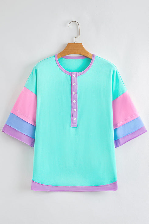 Relaxed Stretch Cotton Half Sleeve Button Front Henley Top