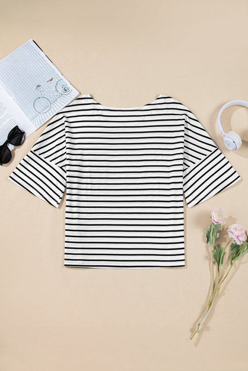 Relaxed Stripe Print Scoop Neck Half Sleeve Loose Fit Casual Top