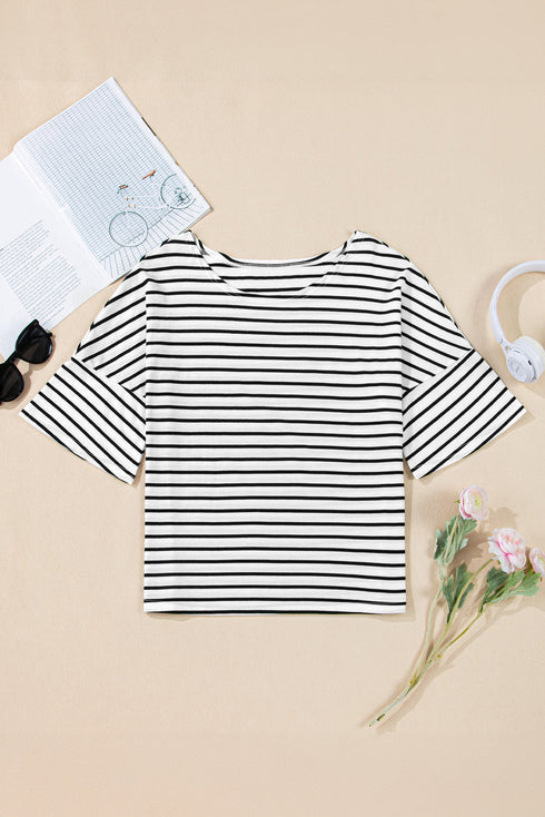 Relaxed Stripe Print Scoop Neck Half Sleeve Loose Fit Casual Top