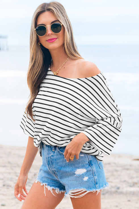 Relaxed Stripe Print Scoop Neck Half Sleeve Loose Fit Casual Top