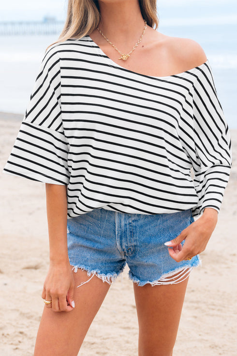 Relaxed Stripe Print Scoop Neck Half Sleeve Loose Fit Casual Top