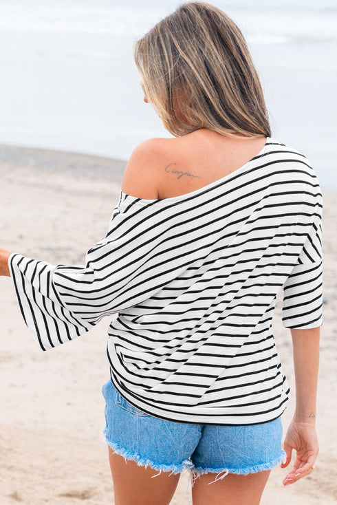 Relaxed Stripe Print Scoop Neck Half Sleeve Loose Fit Casual Top