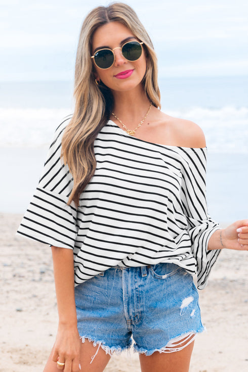 Relaxed Stripe Print Scoop Neck Half Sleeve Loose Fit Casual Top