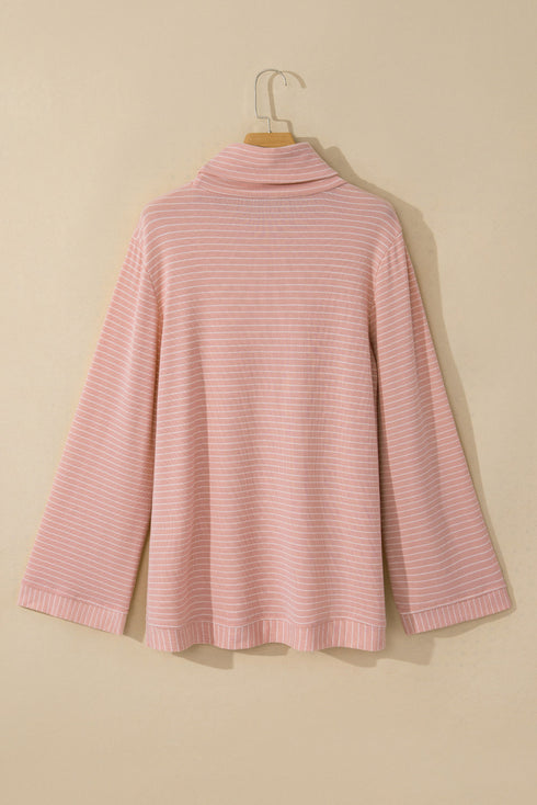Relaxed Stripe Ribbed Knit Cowl Neck Pullover Top