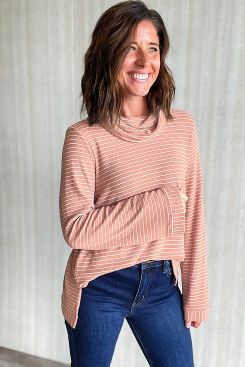 Relaxed Stripe Ribbed Knit Cowl Neck Pullover Top