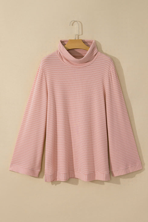 Relaxed Stripe Ribbed Knit Cowl Neck Pullover Top