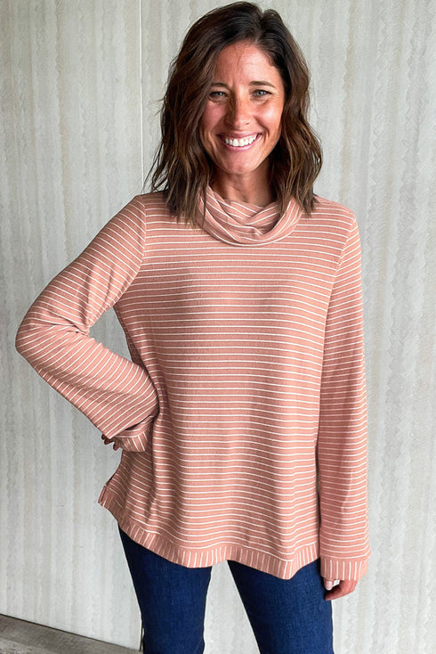 Relaxed Stripe Ribbed Knit Cowl Neck Pullover Top