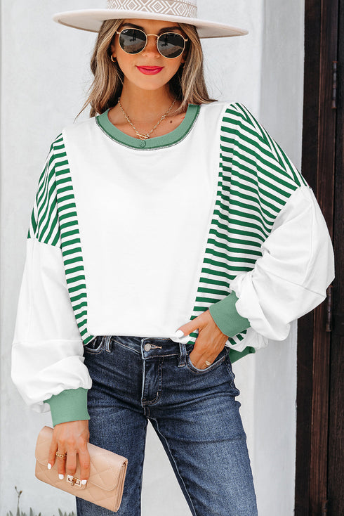 Relaxed Striped Balloon Sleeve Crew Neck Pullover Sweatshirt
