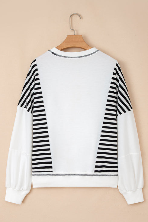Relaxed Striped Balloon Sleeve Crew Neck Pullover Sweatshirt