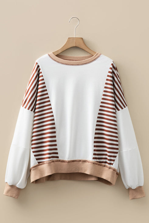 Relaxed Striped Balloon Sleeve Crew Neck Pullover Sweatshirt