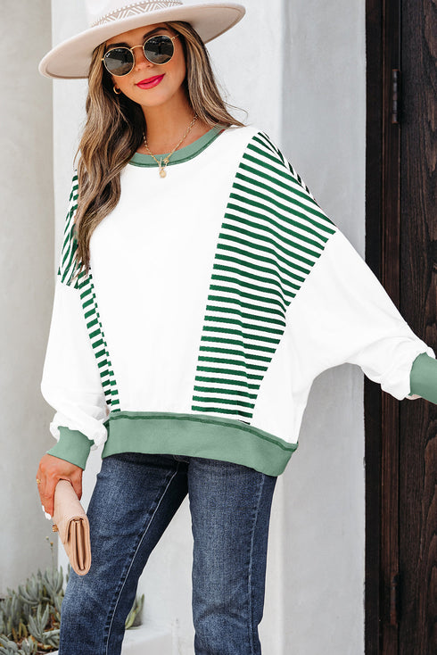 Relaxed Striped Balloon Sleeve Crew Neck Pullover Sweatshirt