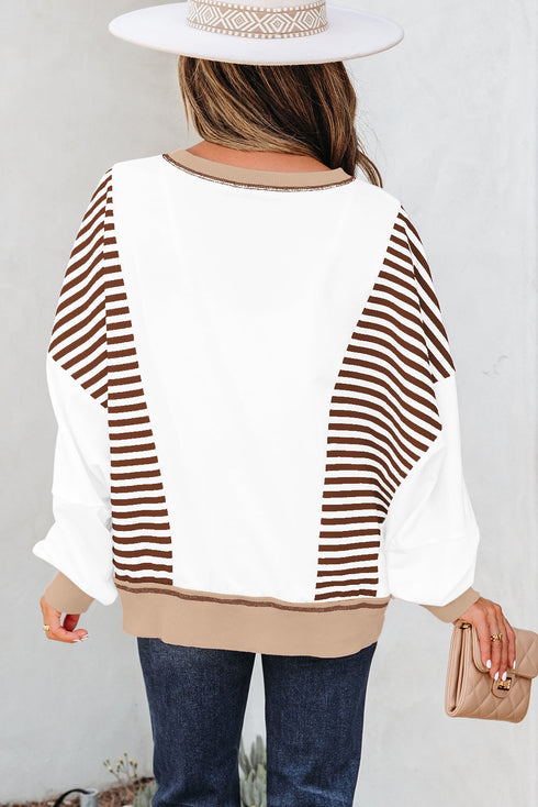 Relaxed Striped Balloon Sleeve Crew Neck Pullover Sweatshirt