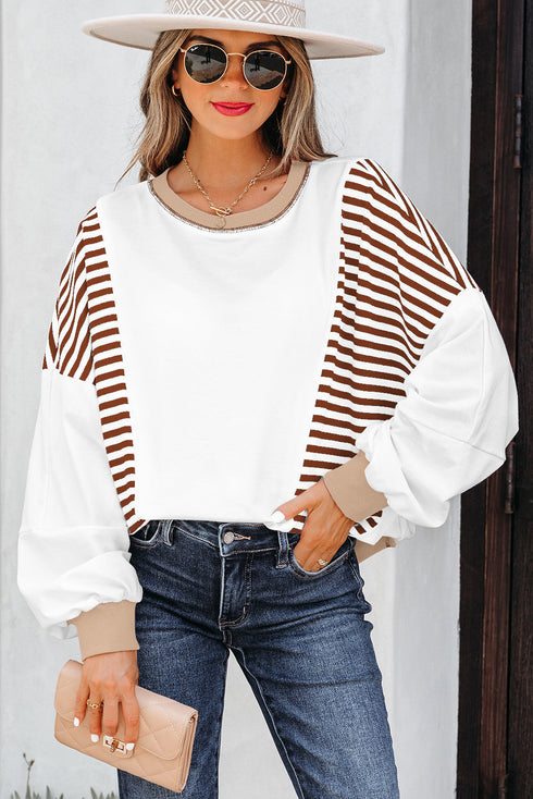Relaxed Striped Balloon Sleeve Crew Neck Pullover Sweatshirt